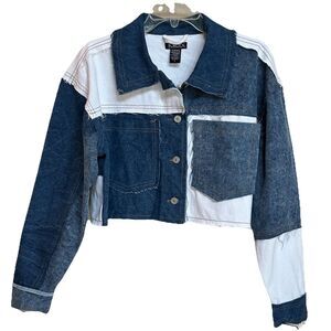 Kroix Large‎ Patchwork Denim Raw Hem Cropped Jacket